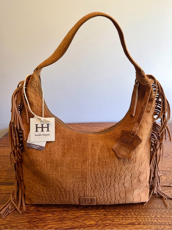 Haute Hippie Handbags - Haute Hippie Cognac Suede Croc-Embossed Fringe Hobo Shoulder Bag